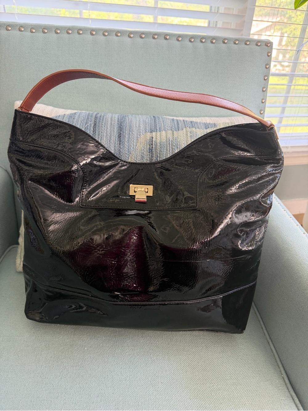 Banana Republic Black Patent Shoulder Bag with Brown Handle
